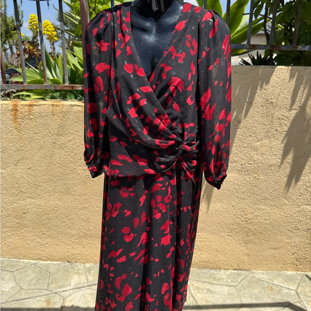 DKNY Black and Red Asymmetrical Wrap Dress with Bishop Sleeves open to offers